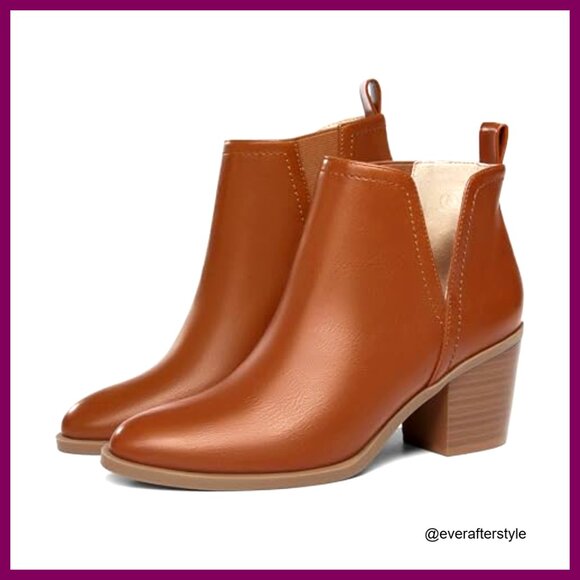 Chunky Heel Ankle Boots Western Style Slip On Cut Out Design Almond Toe - Picture 5 of 6